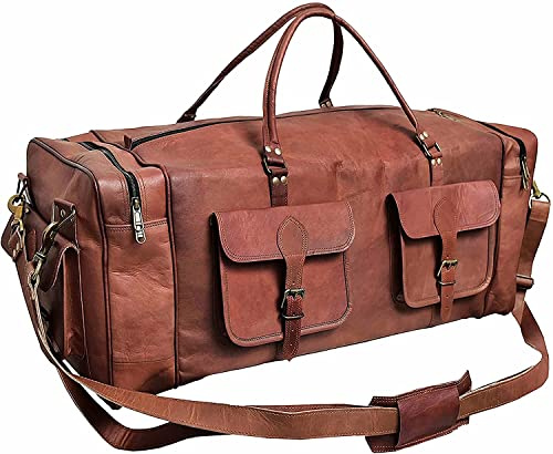 Real Goat Vintage Leather Large Travel Duffel Luggage Handmade, Gym, Hiking Vintage Brown Carry All Genuine Holdall Duffel Bag, Brown, 30(L),12(D), 13(H)