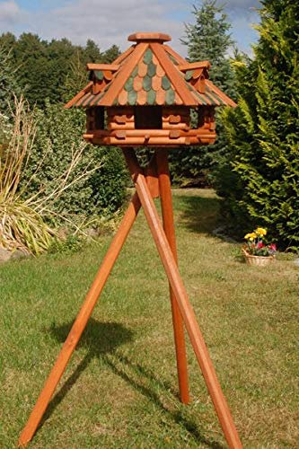 Deko-Shop-Hannusch Futterhaus/Vogelhaus mit Holzschindeln und Gauben Verschiedene Dachfarben mit Solarbeleuchtung und Vogelhausständer, V13, Farbe:braun-grün mit Solar und Ständer