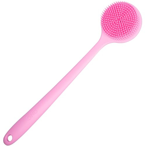 DNC Silicone Back Scrubber for Shower Soft Bath Body Brush with Long Handle (Pink)