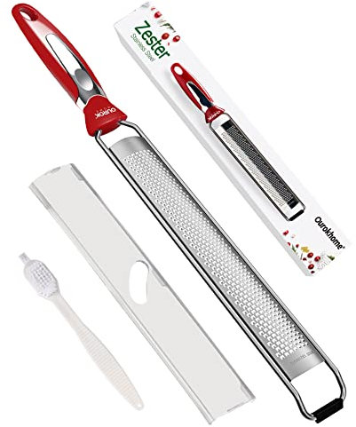 Ourokhome Kitchen Lemon Zester, Stainless Steel Hand Held Parmesan Cheese Grater for Ginger, Chocolate, Coconut, Lime, Nutmeg, Citrus, Fruit, Vegetable with Cleaning Brush, Dishwasher safe, Red
