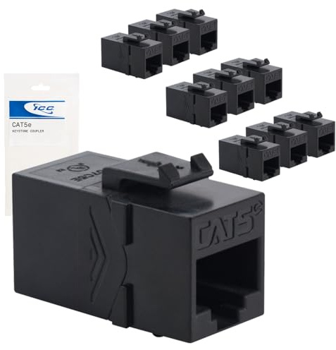 ICC CAT5e RJ45 Inline Keystone Coupler, 8P8C Female-to-Female Jack, Feed-Through PCB Module for Wall Plates & Patch Panels, UL Listed, Black, 10-Pack