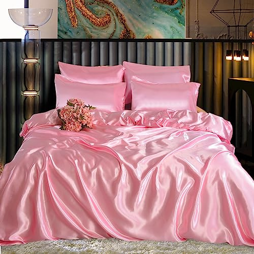 ROOEE Set completo di biancheria da letto in raso di seta, 6 pezzi, lenzuolo con angoli, copripiumino, 4 federe. Colore: rosa confetto, misura super king size