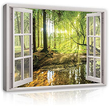 Leinwandbild Fensterblick Wald Natur 100x75 cm - Leinwandbilder Modern Canvas Bilder XXL Illusion Fenster Schlafzimmer Wohnzimmer Wandbild Kunstdruck Wandbilder Wand Bild auf Leinwand Aufhängefertig