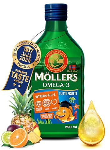 Moller’s ® | Aceite de hígado de bacalao | Complemento dietético con omega-3 EPA, DHA y vitaminas A, D y E | Sabor Tutti Frutti | 250 ml