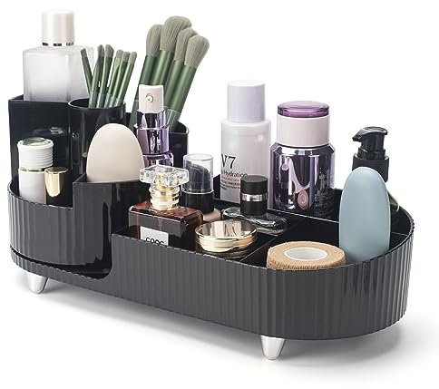 Make up Organizer mit 360° drehendem Make up Pinsel Halter, Kosmetik Organizer mit großer Kapazität, Hautpflege-Organizer für Kommode Tisch/Waschtisch im Bad (Schwarz)