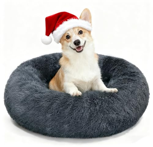 MDDK DY Hundebett,Katzenbett Flauschig,Hundekorb,Waschbar, Hundekissen 60cm，Hundekörbchen Rund aus Plüsch，Hundesofa，Katzenkorb, Hundebett für Kleine, Mittel Große Grosse Hunde Katzen Dunkelgrau