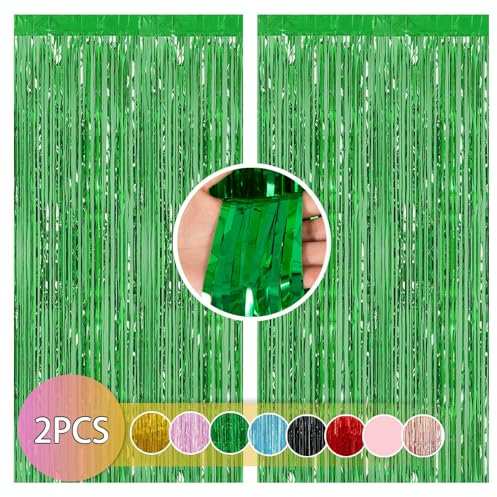 Green Tinsel Curtain - Birthday Party Decorations Foil Fringe Streamers, 3.3ft X 8.2ft Metallic Tinsel Curtain Party Backdrop Foil Curtain for Birthday Christmas Wedding Holiday Decoration 2 PCS