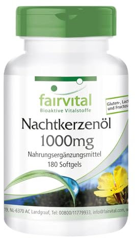 Fairvital | Nachtkerzenöl 1000 mg - 180 Softgels - Omega-6-Fettsäuren - 65% Linolsäure & 9% Gamma-Linolensäure - Für 1/2 Jahr - qualitätsgeprüft und hochdosiert
