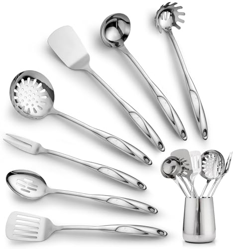 Zulay Kitchen Stainless Steel Cooking Utensil - Stainless Steel Kitchen Utensil - Durable Kitchen Gadgets - Metal Kitchen Accessories - Easy to Clean Kitchen Tools - 8 Piece Set