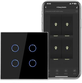 CNBINGO WiFi Smart Light Switch Work with Alexa, Google Assistant, Multi-Way Control by Smart Life App, 4-Gang Touch Switch, Black Glass Panel, LED Backlight, Neutral Wire Required