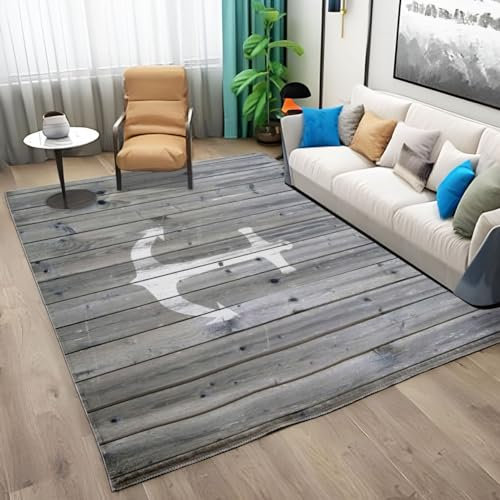 Teppiche Gegend Anker und Holzmaserung Teppich Wohnzimmer 60 x 90cm Waschbarer Teppich Kurzflor Teppich Anti-Rutsch Unterseite Heimdeko für Schlafzimmer
