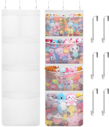 Lifewit Over Door Toy Storage, Stuffed Animal Organiser with 5 Expandable Mesh Pockets, Kid Hanging Plush Net Hammock Holder for Wardrobe, Nursery, Bedroom, Bathroom, 167cm(H), White,2 Pack