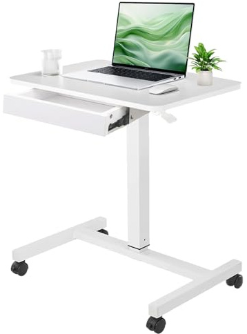CLATINA Mobile Laptop Standing Desk, Height Adjustable Teacher Podium with Lockable Wheels, Adjustable Work Table with Drawer, Computer Cart Overbed Table for Home Office Classroom, White
