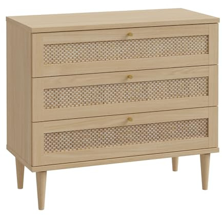 Forte CALASETTA Kommode 90, Kommode im Boho Stil, Wiener Geflecht, Sideboard mit 3 Schubladen, Elegancia Eiche Holzdekor/Technorattan, 90 cm breit x 80 cm hoch x 41 cm tief