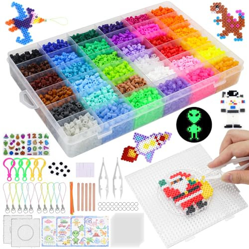 Liangding Set di Perline da Stirare 10008 Pezzi 36 Colori con Effetto al Buio e 30 Modelli, Kit Creativo per Arti e Mestieri, Regalo Bambini per Compleanno o Natale (5 mm)