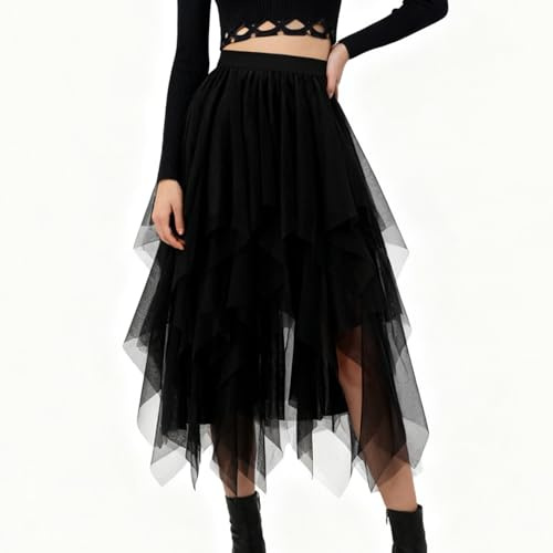 Montrestar Gonna da donna in tulle, linea ad A, gonna a vita alta, a basso strato, elegante gonna irregolare in tulle, gonna estiva a più strati, per balli di fine anno, carnevale