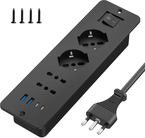 Aochxin Presa Angolare Multipresa Elettrica con 2 USB-A, 2 USB-C e 4 Prese, Ciabatta con Interruttore e Protezione Sovratensione, Cavo 2m, Presa Multipla per Mobili o Superfici di Lavoro (Nero)