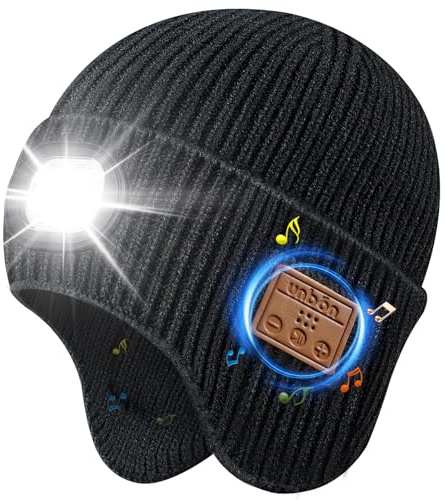 UNBON Cadeau Homme Original Utile, Idée Cadeau Noël, Bonnet Bluetooth Homme avec Lampe Frontale Puissante, Bonnet LED Connecté Bluetooth Musique, Cadeaux Noël Anniversaire Hommes, Noir-Cache Oreille