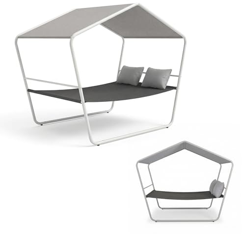 HAPPERS Cama Balinesa para Exterior de Acero y Tejido de Secado Rápido | Tumbona Doble de Jardín y Terraza con Techo | Cama Chill out con Dosel para Piscina y Porche | 193 x 137,5 x 233 cm