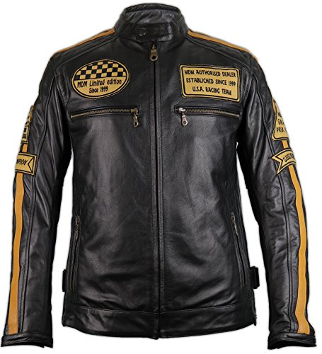 MDM Chaqueta de piel auténtica retro para motocicleta, negro y amarillo, S