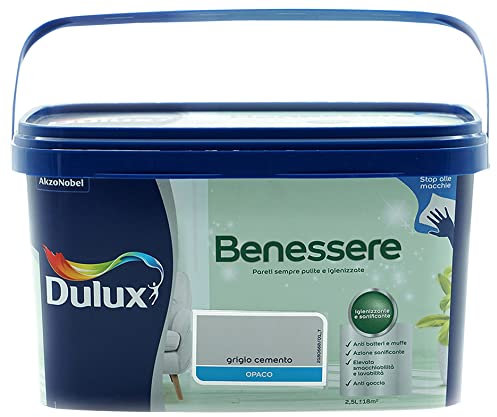 Dulux Benessere Pittura Colorata all'Acqua per Interni Superlavabile Anti Muffa Anti Batteri con Ioni D'Argento, 2.5 Litri, Grigio Cemento, 2.5L