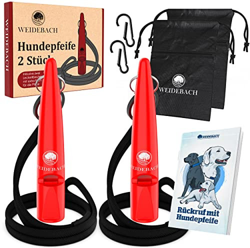 WEIDEBACH® 2X Hundepfeife mit lautem und gleichbleibendem Ton für Training mit Hund, genormte Frequenz, angenehmes Band und Mundstück, inkl. E-Book + Leckerlibeutel für gelungenes Rückruftraining, rot