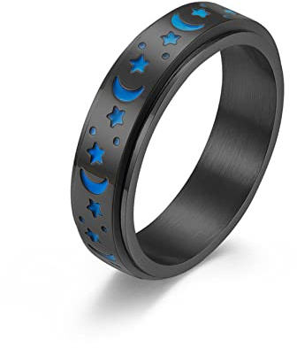 Yifnny Anillo Giratorio, Anillo Giratorio de Acero Inoxidable para Mujeres Fidget Anillo Estrella Luna para Aliviar la por Estrés Promesa de Boda Luminoso Anillo (Luminoso Brillo-Negro, 7)