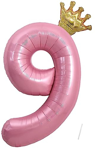 Foil Globo Numero 9, VUCDXOP 101 CM Rosado Globo de cumpleaños 9 con Corona, globos de helio número 9, Decoracion 9 Cumpleaños Niños, Globos Numeros Gigantes para Fiestas, Vuelan con Helio