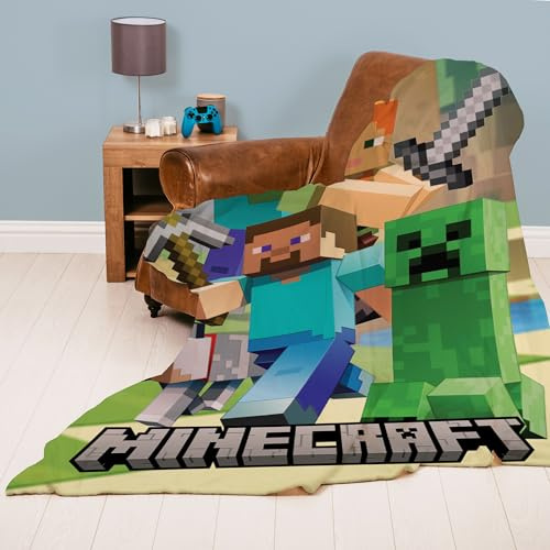 Minecraft Grande couverture douillette 160 x 200 cm · Détails du motif avec Alex Steve et Creeper · Minecraft Couverture 100 % polyester