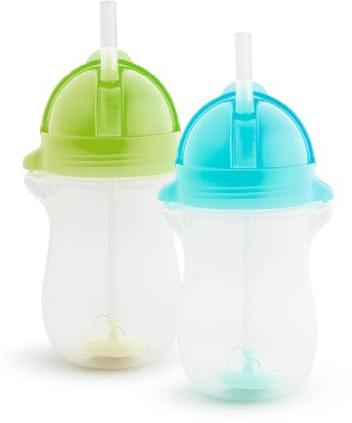 Munchkin Lot de 2 gobelets d'apprentissage avec fermeture à clic - Bouteilles avec paille - Sans BPA - Passe au lave-vaisselle - 296 ml - Vert/bleu