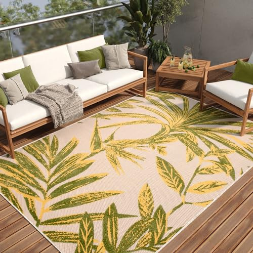 TAPISO Patio Teppich Flachgewebe Indoor Outdoor Creme Grün Gelb Blätter Robust Sisaloptik Wetterfest Wohnzimmer Terrasse Balkon ÖKO-TEX 120 x 170 cm