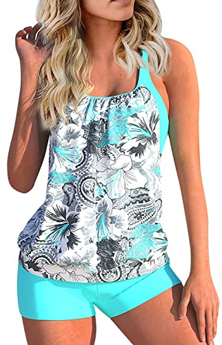Bandeau Maillot De Bain Femme Amincissant Grande Taille Taille Haute Push Up Ventre Plat Ete Maillot De Bain Femme Pas Cher Marque Natation Sexy Tankini Vetement Bleu Clair XXL