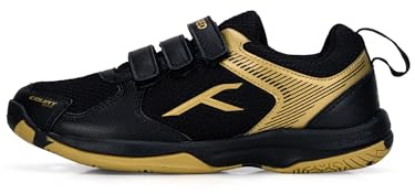 Hundred Court Star Non-Marking Badminton Shoes for Boys (Black/Gold, EU 33/UK 1/US 2) | Lightweight | X-Cushion Protection | Suitable for Indoor Tennis/Squash/Table Tennis/Basketball & Padel