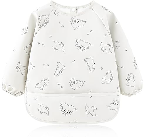 Babero de destete, Babero impermeable con mangas, Lavable para alimentación de bebés y niños pequeños (blanco)