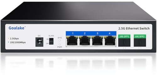 Goalake Umanaged 4 Port 2.5G Switch, 4 x 2.5G Base-T Ports, 2 x 10G SFP+, 60Gbps Switching Capacity, Metal, Fanless, 2.5G Multi-Gigabit Desktop Switch for Wireless AP, NAS, PC, Wall Mount. Plug & Play
