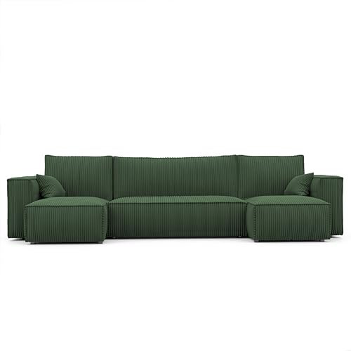Ecksofa Paris U Poso Cordstoff Sofa Couch mit Schlaffunktion Bettkasten (Grün Poso 14)