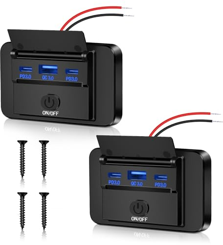 Daakro 2 stycken 72 W USB-laddningsuttag 12 V billaddare dubbel PD3.0 typ C & QC3.0 USB mobiltelefon snabbladdare vattentät med strömbrytare för 12 V/24 V bil husbil båt motorcykel lastbil