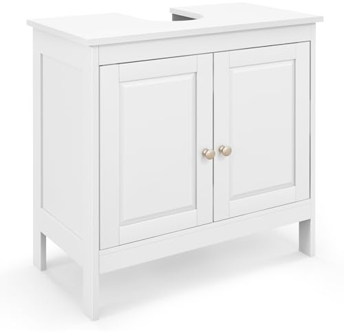 COSTWAY Under Sink Bathroom Cabinet, Freestanding Bathroom Floor Cabinet with 2 Doors and Shelf, Wooden Under Basin Storage Cupboard Unit Sink Organizer, 60x30x60/62cm (4 Long Legs, White)