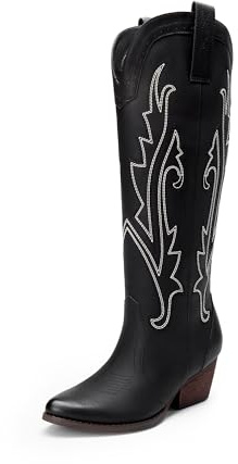 DREAM PAIRS Womens Cowboy Knee High Boots Comfortable Pull On Side Zipper Chunky Heel Embroidered Western Cowgirl Boots Retro Tall Boot for Theme Party Country Concert