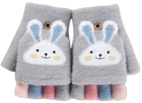 Votvlog Mitaine Enfant Gants Sans Doigts Mitaine Fille Garçon avec Capuchon Gants Flip Top Gants Enfant Hiver Chaudes Moufles Demi-Doigts Tricotés Mignon Motif Lapin pour Garçons Filles 5-10 Ans