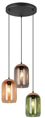lightling Pendelleuchte Colara, Pendel 3-flammig, Glasschirme in Grün, Rauch, Amber, stufenlos höhenverstellbar, exkl. 3 x E27, max 10W, Höhe 150 cm, Ø 30 cm, schwarz matt