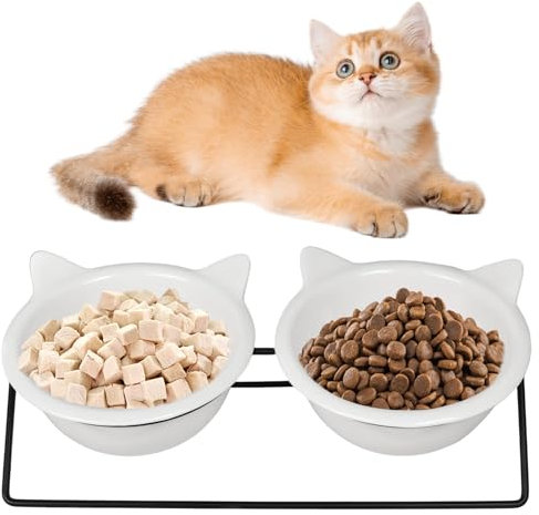 Set di 2 Ciotole per Gatti in Ceramica con Supporto Rialzato,Ciotola Doppia per Animali Domestici, Ciotole per Cani Rialzate Estraibili, Accessorio Essenziale per il Pasto dei tuoi Animali