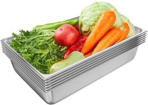 TAIMIKO 6PCS Stainless Steel Gastronorm Pan 13L,20.9x12.8x3.9 inch Food Container Pot Pan,Heavy Duty Tray Food Storage Container Bain Marie Catering Food Pans (1/1 Pan,6 PCS,No Lids)
