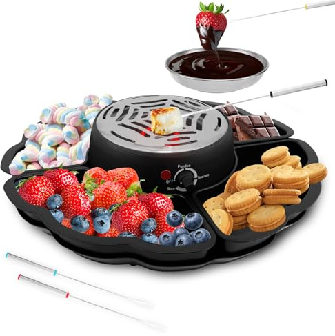 2 in 1 Electric Smores Maker,Chocolate Fondue Set Tabletop Indor,Flameless Family Marshmallow Roaster Kit for Date Night,Movie Night,Housewarming Gift,Overheat Protection,With Food & Baking Tray,Forks