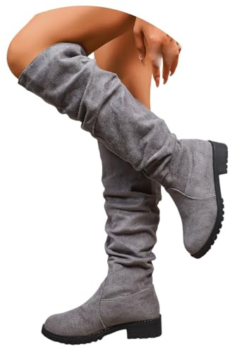 LDXEQIZ Bottes À Talons Bas Montant Jusqu'aux Genoux for Femmes Boots Hautes Plissées en Daim Bottes D'équitation Vintage À Tige Large Chaussures d'hiver Grandes Tailles À Enfiler(Gray,41 EU)