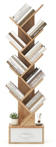 COSTWAY Tree Bookshelf, 10-Tiers Floor Standing Wooden Bookcase Storage Shelving Unit, Narrow Magazine Book Display Rack for Living Room, Bedroom and Office (Natural, with Drawer)