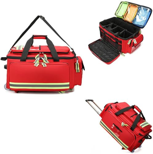 Wheeled First Aid Bag, Large Capacity Medical Backpack with Multi-Pocket Interior, Non-Slip Feet, Emergency Kit for Home & Clinic