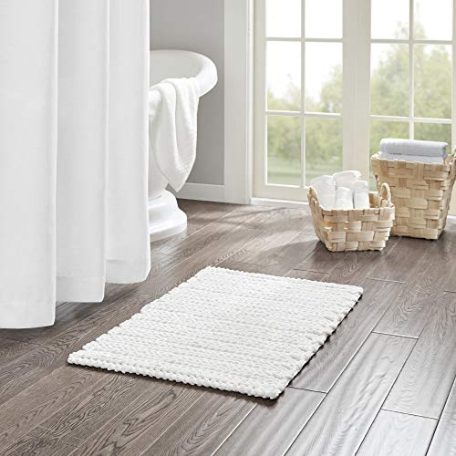 Madison Park Lasso 100% Cotton Chenille Chain Woven Stitch Bathroom Rug - Non Slip - Absorbent, Quick Dry Bath Mat, 20x30, White