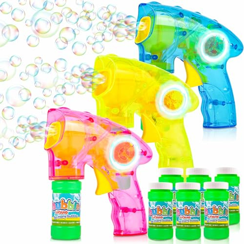 ArtCreativity Friction Powered Light Up Bubble Blaster Gun Set of 3 (No Batteries Needed) Includes LED Bubbles Guns and 6 Bottles Fluid, Outdoor, Indoor Fun Gift Idea, Summer Party Favors