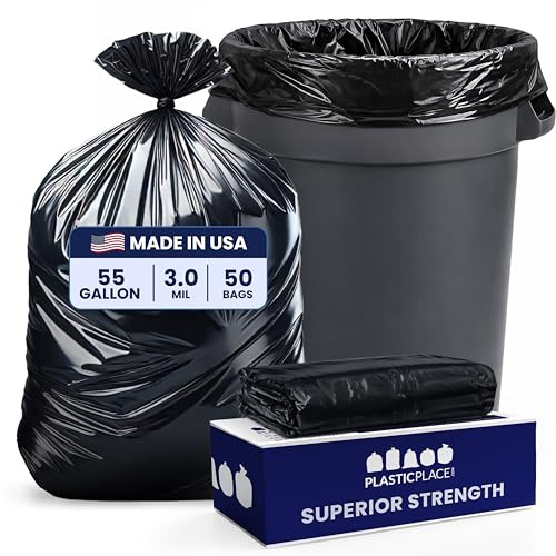 Plasticplace 55 Gallon Black Trash Bags │3.0 Mil │40 x 50 (50 Count)